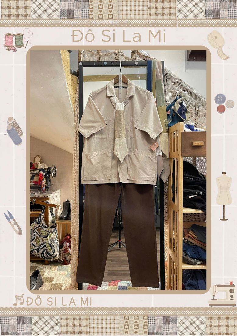 Áo sơ mi kaki be phối quần nâu