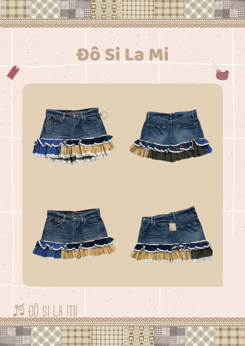 Chân váy jean patchwork bèo ren xanh be xanh rêu